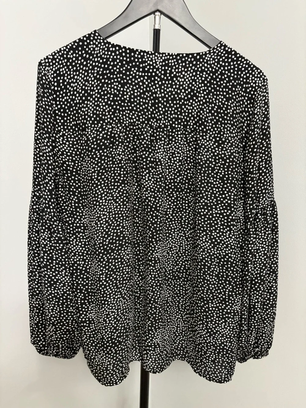 LOFT Black White Polka Dot Peplum Blouse Puff Sleeve Henley Top - Size S